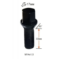 Болт колісний A174130 BA М14х1,5х33мм конус чорний, ключ 17 (BMW, Volvo, Fiat, Citroen, Saab, Peugeot)
